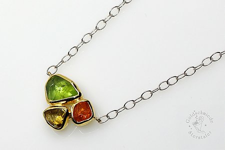 Halsschmuck in 925 Silber, 750 Gold mit Peridot, Mandaringranat, Heliodor