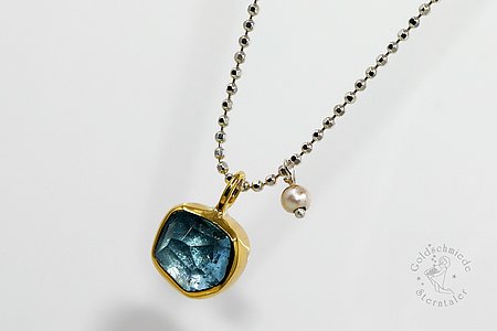 Halsschmuck, 925 Silber, 750 Gold mit Aquamarin und Süßwasserperle